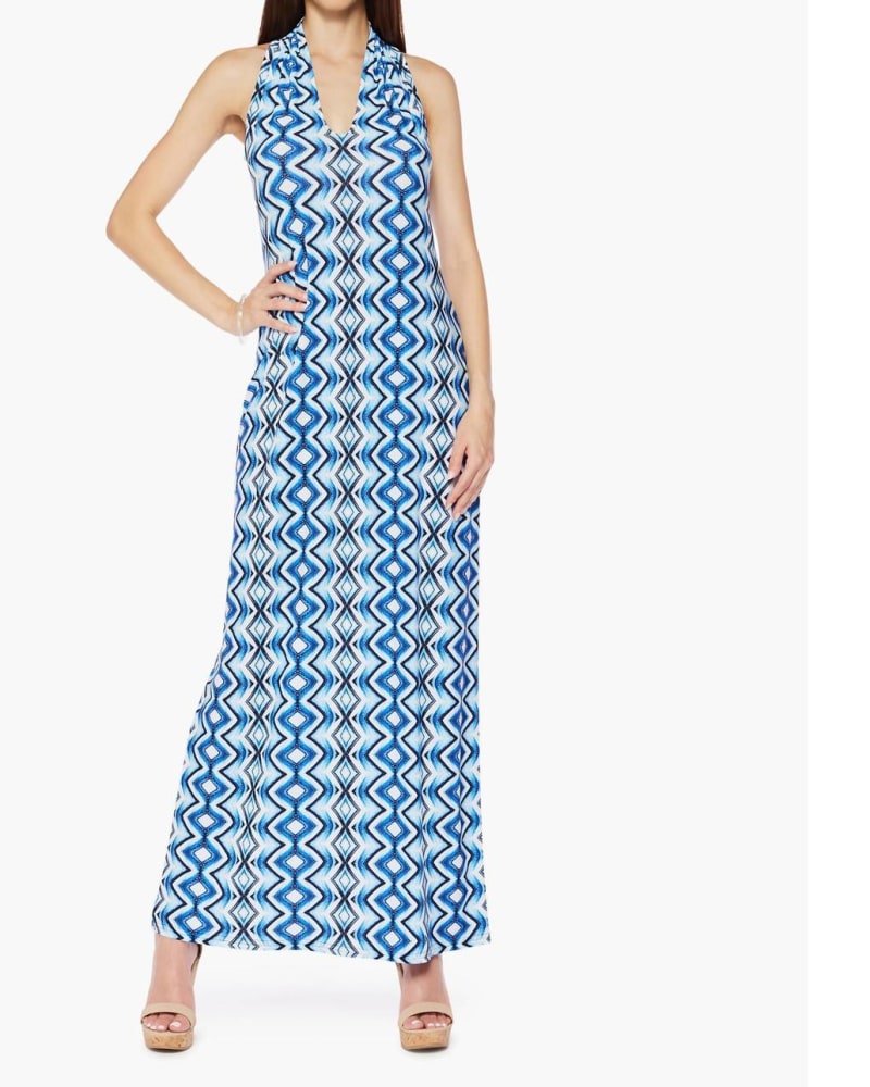 Front of a model wearing a size X-Large Maxi-Length V-Neck Microfiber Sleeveless Dress In Fortune (Bright Blue Vertical Diamond Pattern) in Fortune (Bright Blue Vertical Diamond Pattern) by Viereck. | dia_product_style_image_id:342725